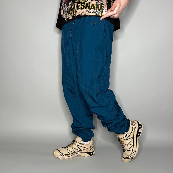 Vintage Reebok Track Pants Slate Blue Nylon Joggers Subtle Embroidered Logo 90s - Picture 2 of 5